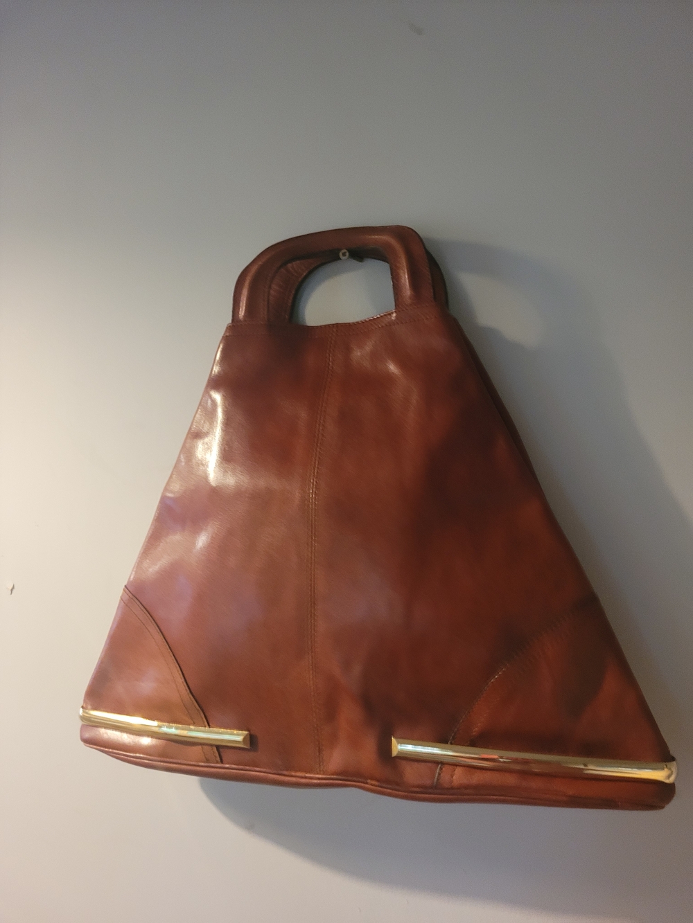 Brown's Vintage Leather Triangle Tote Handbag with Gold Trim